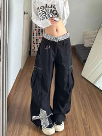 Leopard Print Patchwork Cross Double Waist Baggy Barrel Jeans — in alternativa