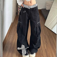 Leopard Print Patchwork Cross Double Waist Baggy Barrel Jeans — vista posteriore
