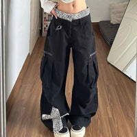 Leopard Print Patchwork Cross Double Waist Baggy Barrel Jeans — vista posteriore