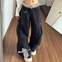 Leopard Print Patchwork Cross Double Waist Baggy Barrel Jeans — vista frontale