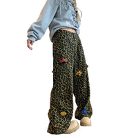 Leopard Print Patchwork Wide Leg Baggy Jeans — vista posteriore
