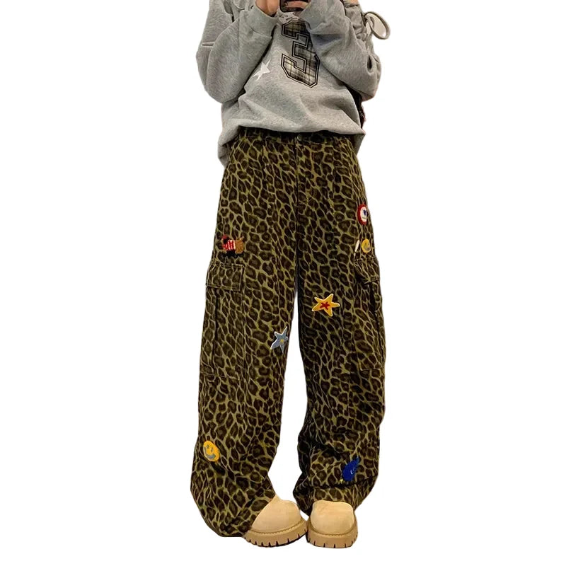 Leopard Print Patchwork Wide Leg Baggy Jeans — dettaglio