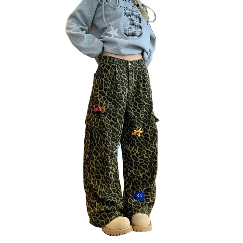 Leopard Print Patchwork Wide Leg Baggy Jeans — vista frontale
