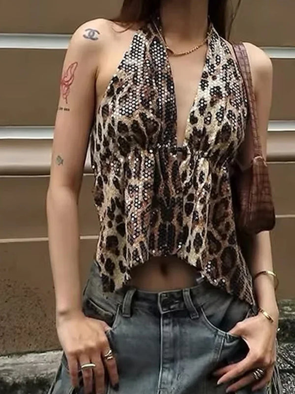 Y2K Leopard Sequin Rhinestone Low Cut Halter Top