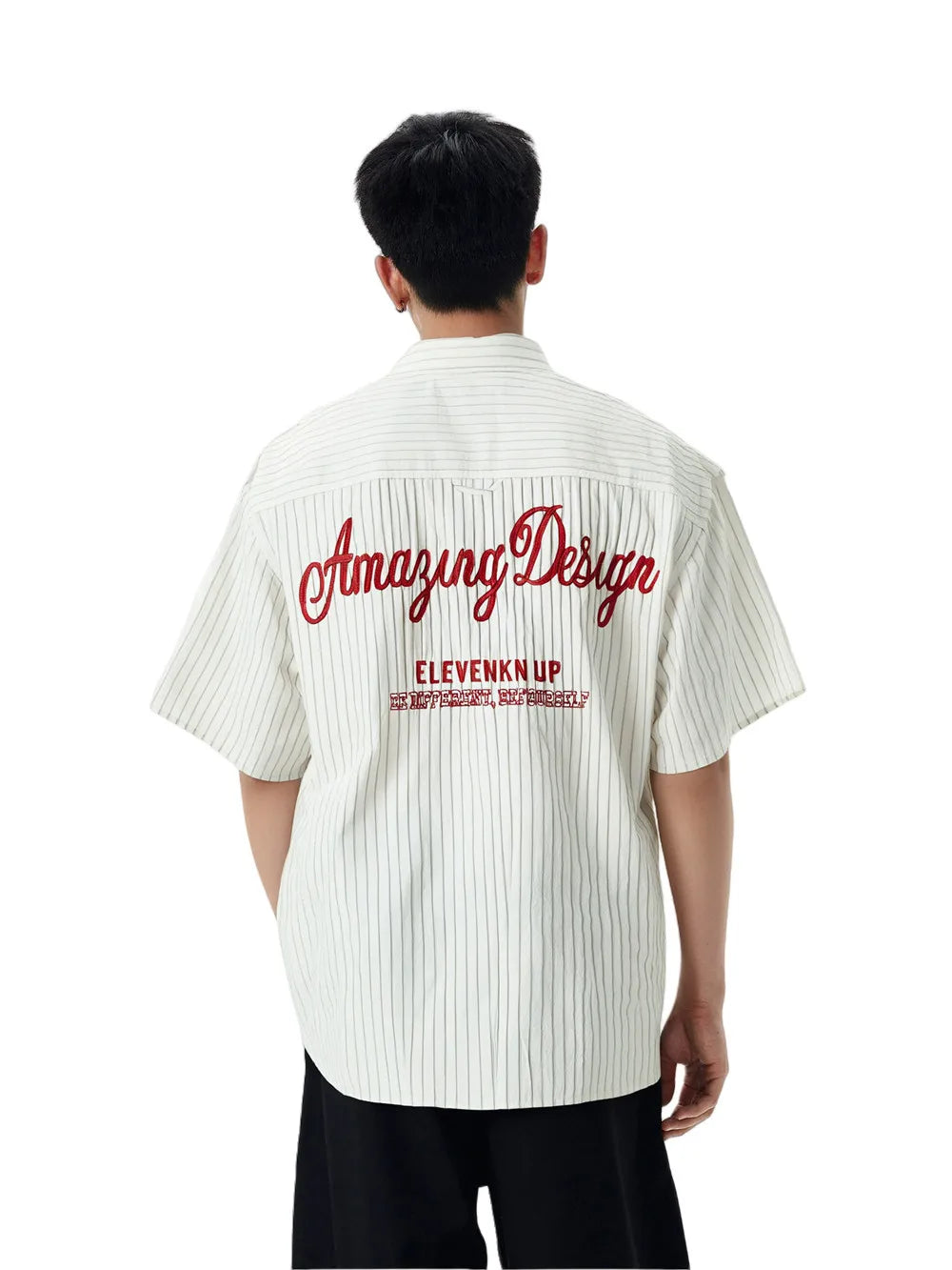 Letter Embroidered Striped Single Breasted Short Sleeve Shirt — dettaglio