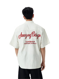 Letter Embroidered Striped Single Breasted Short Sleeve Shirt — dettaglio