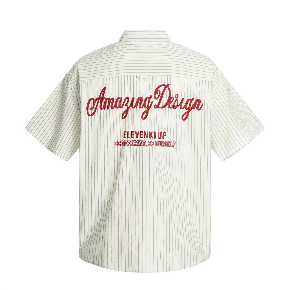 Letter Embroidered Striped Single Breasted Short Sleeve Shirt — in alternativa