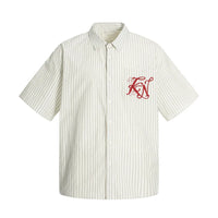 Letter Embroidered Striped Single Breasted Short Sleeve Shirt — vista frontale