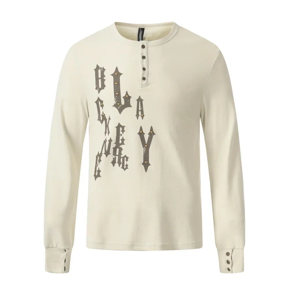 Letter Print Henley Button Long Sleeve Top — vista frontale