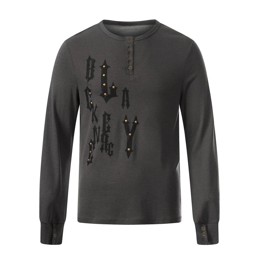 Letter Print Henley Button Long Sleeve Top — vista posteriore