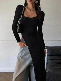Long Sleeve High Slit Black Dress — dettaglio