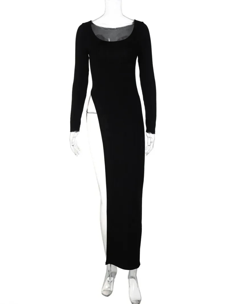 Long Sleeve High Slit Black Dress — vista laterale