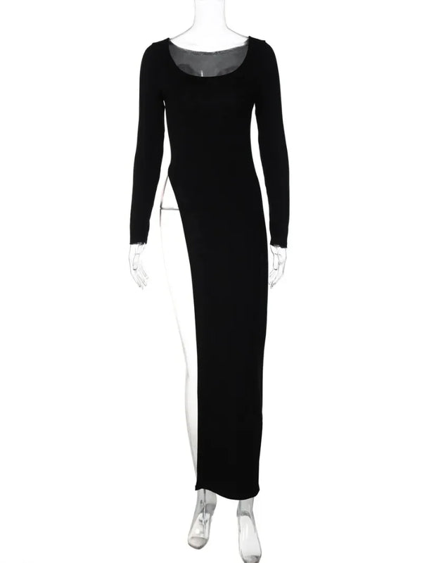 Long Sleeve High Slit Black Dress — vista frontale
