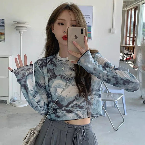 Long Sleeve Printed Mesh Top — vista frontale