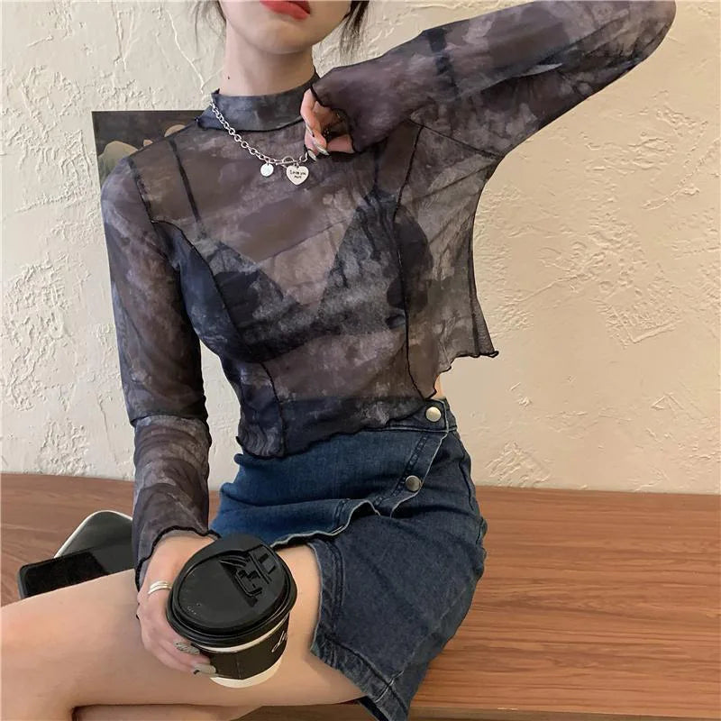 Long Sleeve Printed Mesh Top — vista posteriore