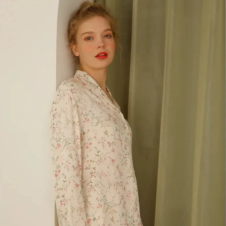 Long Sleeve Willow Leaf Print Two Piece Pyjamas — dettaglio