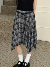 Loose Irregular Flowy Grey Plaid Midi Skirt — vista posteriore