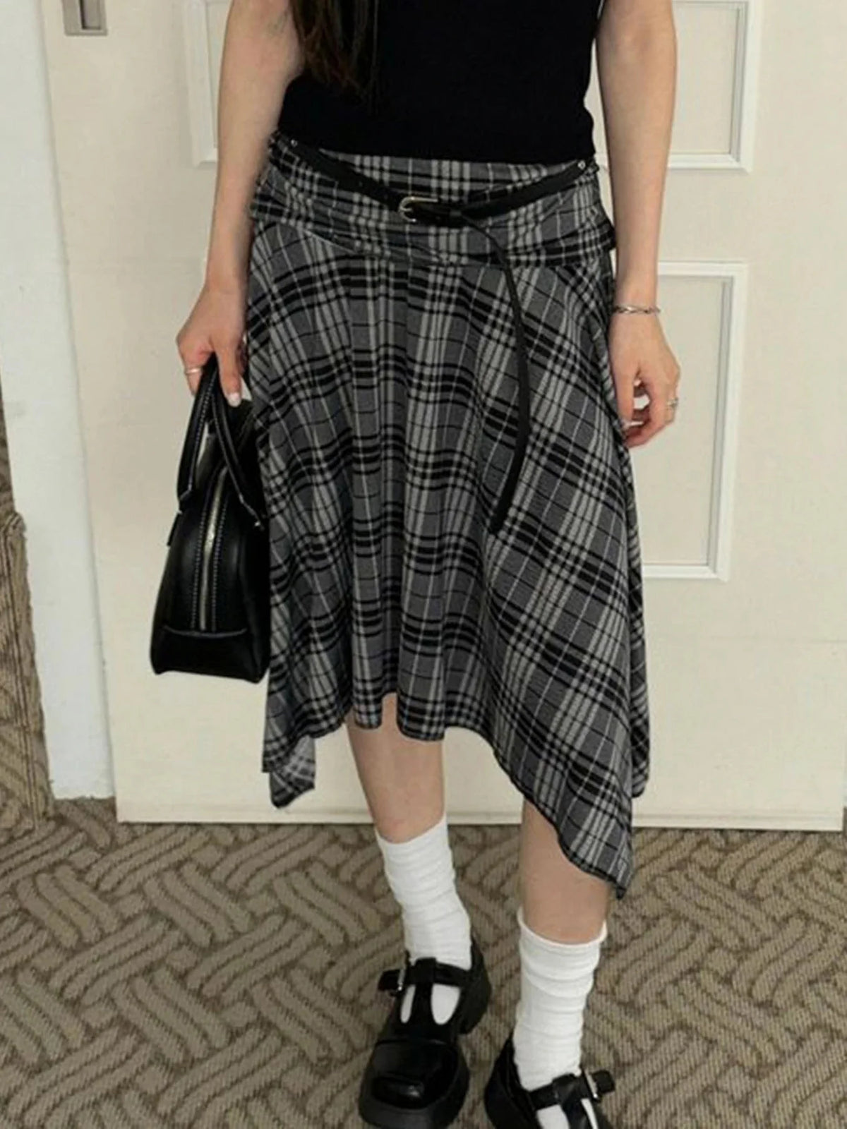 Loose Irregular Flowy Grey Plaid Midi Skirt — dettaglio