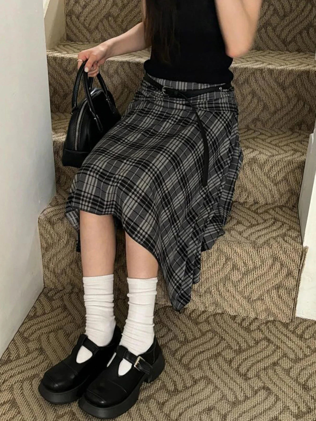 Loose Irregular Flowy Grey Plaid Midi Skirt — dettaglio della stampa