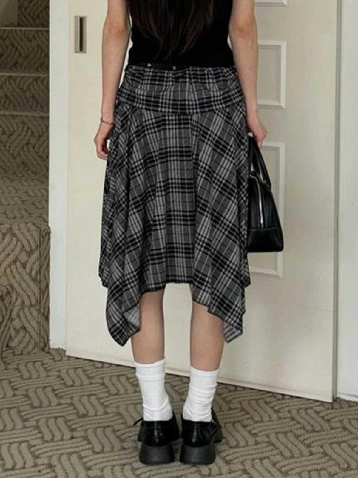 Loose Irregular Flowy Grey Plaid Midi Skirt — in alternativa