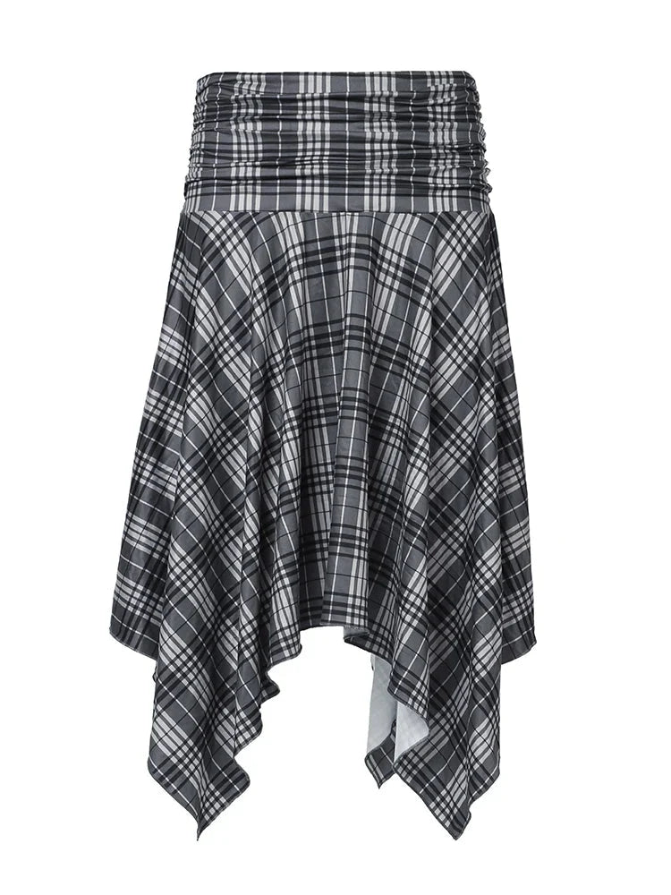 Loose Irregular Flowy Grey Plaid Midi Skirt — vista laterale