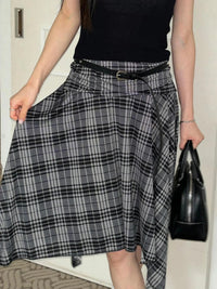 Loose Irregular Flowy Grey Plaid Midi Skirt — vista frontale