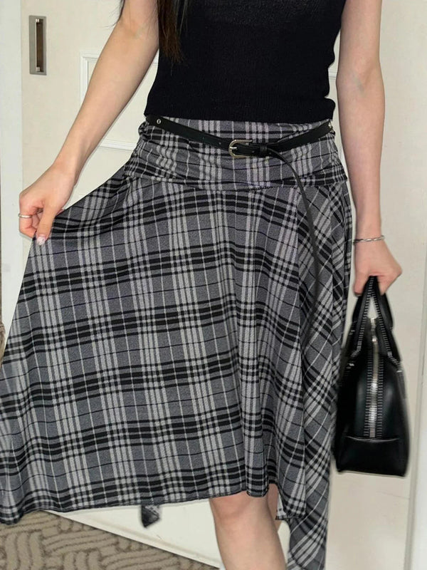 Loose Irregular Flowy Grey Plaid Midi Skirt — vista frontale