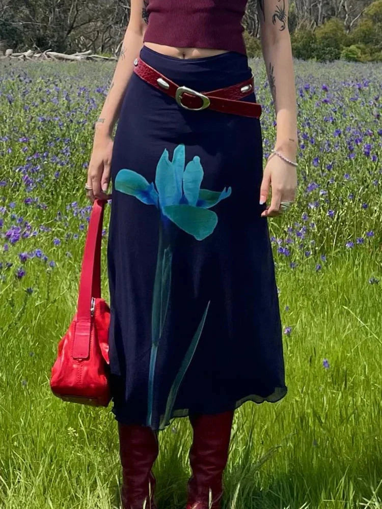 Loose Mesh Floral Flowy Midi Skirt — vista posteriore