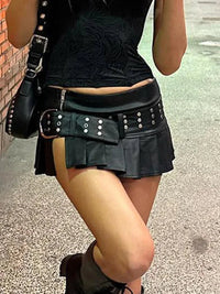 Low Waist Black Leather Mini Skirt — vista frontale