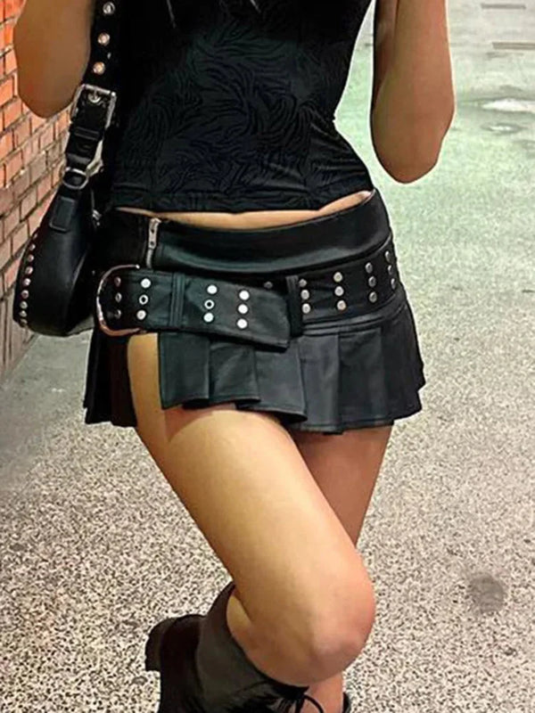 Low Waist Black Leather Mini Skirt — vista frontale