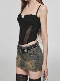 Low Waist Washed Denim Mini Skirt — dettaglio del tessuto