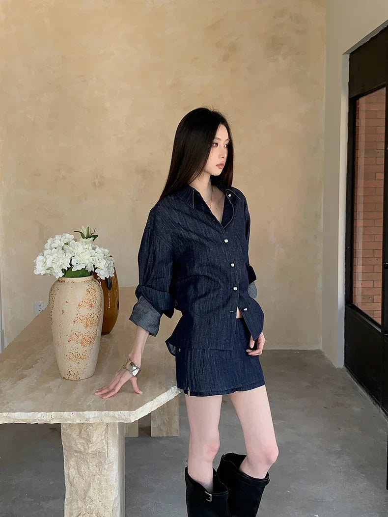 Matching Denim Shirt and Skirt Set — vista posteriore