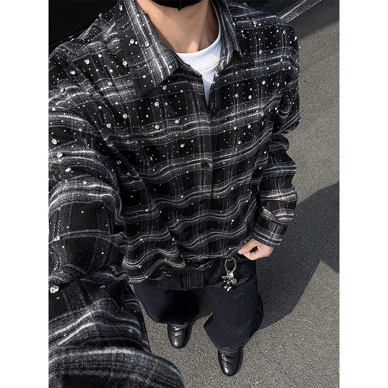 Mens Plaid Rhinestone Long Sleeve Button Up Shirt — dettaglio della stampa