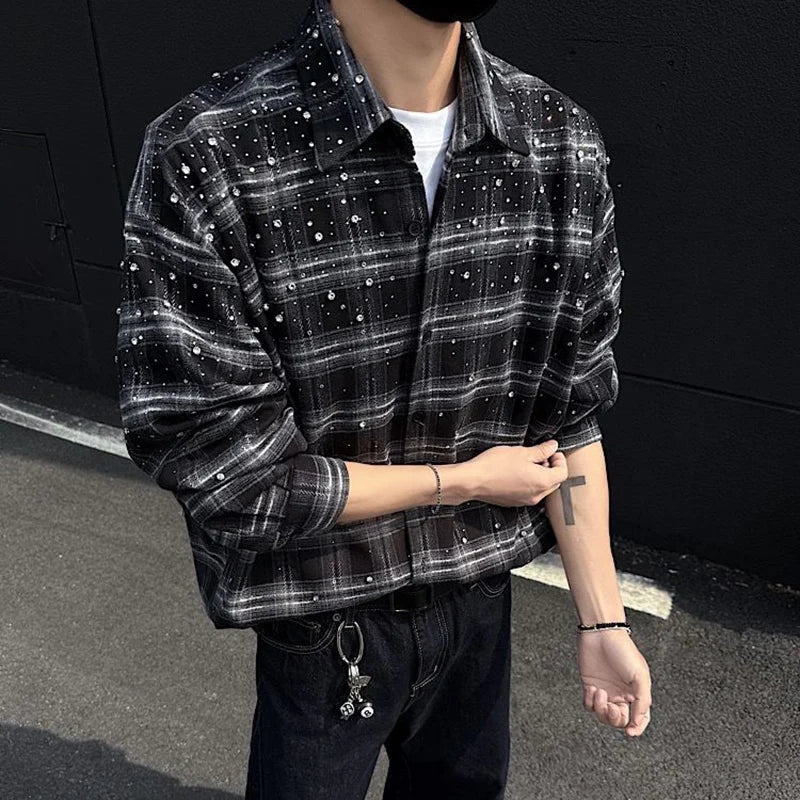 Mens Plaid Rhinestone Long Sleeve Button Up Shirt — dettaglio