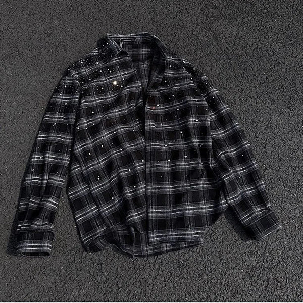 Mens Plaid Rhinestone Long Sleeve Button Up Shirt — vista frontale