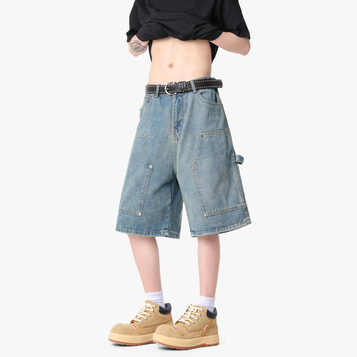 Mens Workwear Cargo Denim Shorts Jorts — dettaglio del tessuto