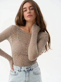 Mesh Lace Sheer Long Sleeve Crop Top — vista frontale