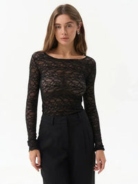Mesh Lace Sheer Long Sleeve Crop Top — vista posteriore