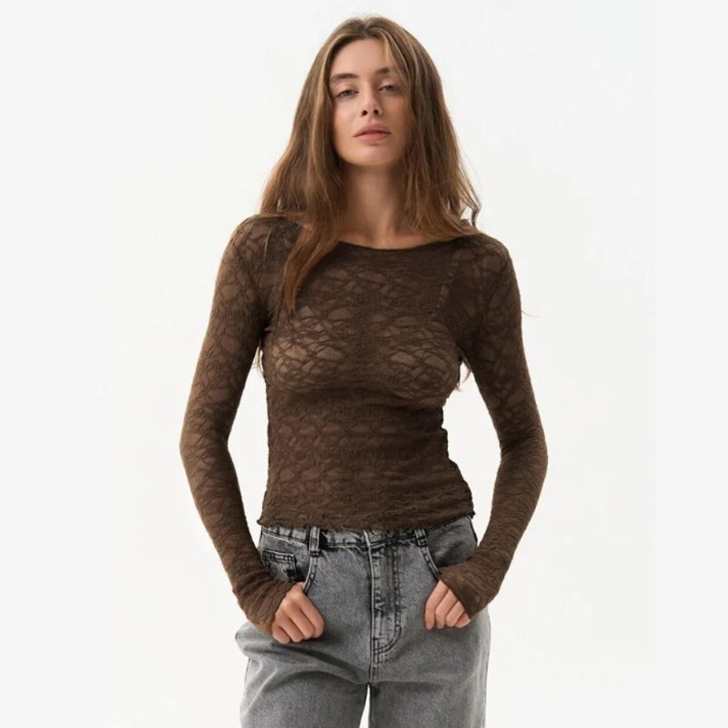 Mesh Lace Sheer Long Sleeve Crop Top — vista laterale