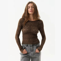 Mesh Lace Sheer Long Sleeve Crop Top — vista laterale