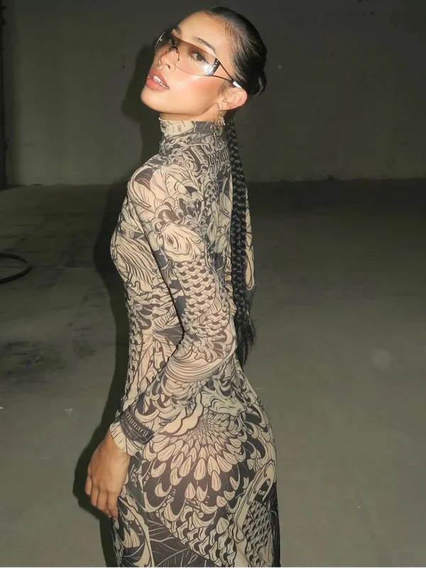 Mesh Print Turtleneck Bodycon Maxi Dress — vista frontale