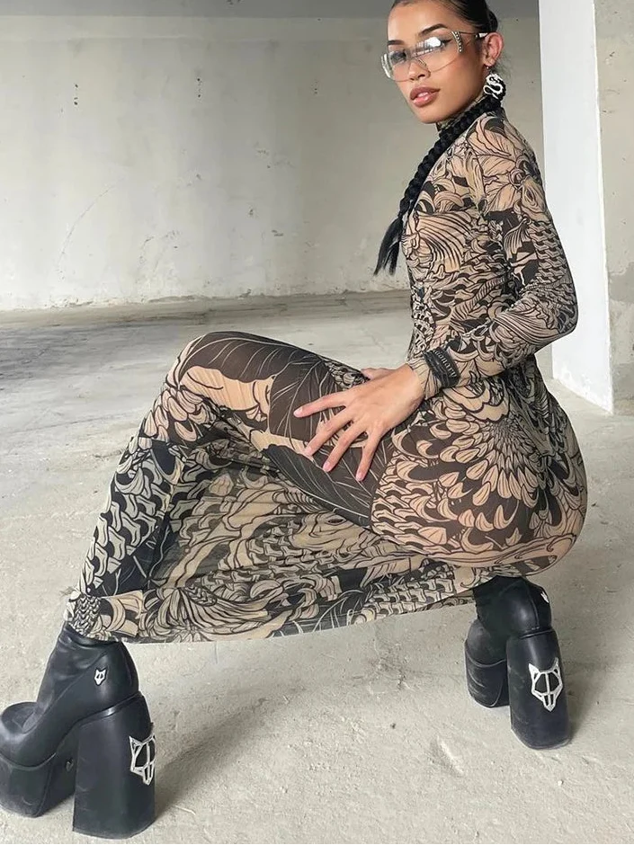 Mesh Print Turtleneck Bodycon Maxi Dress — dettaglio
