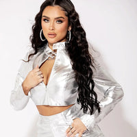 Metallic Cropped Zip Up Jacket — dettaglio