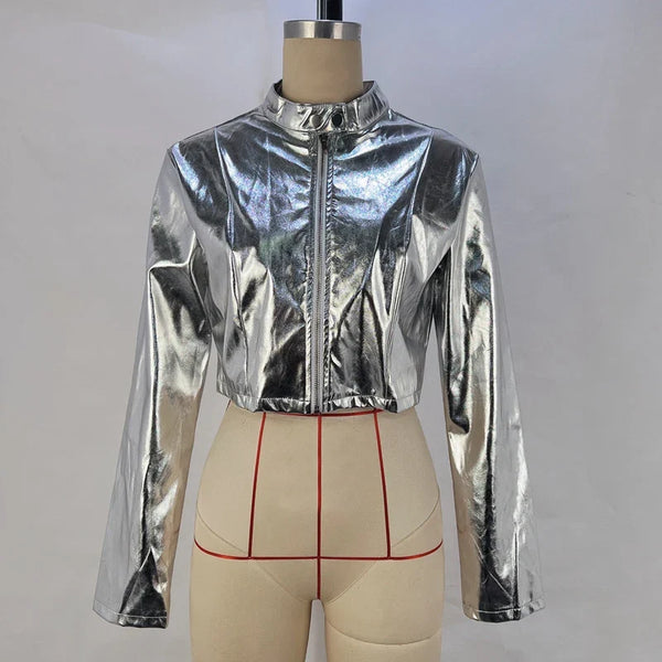 Metallic Cropped Zip Up Jacket — vista frontale