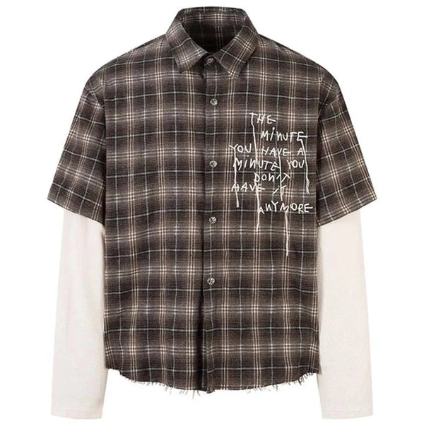 "Minutes" Plaid Mock Two Piece Long Sleeve Button Up Shirt Top — vista frontale