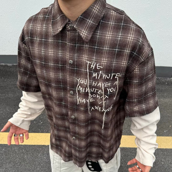 Y2K "Minutes" Plaid Mock Two Piece Long Sleeve Button Up Shirt Top