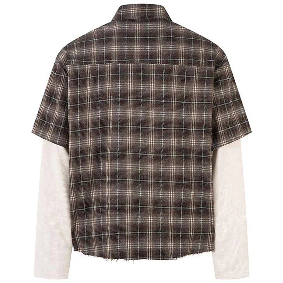 "Minutes" Plaid Mock Two Piece Long Sleeve Button Up Shirt Top — dettaglio della stampa