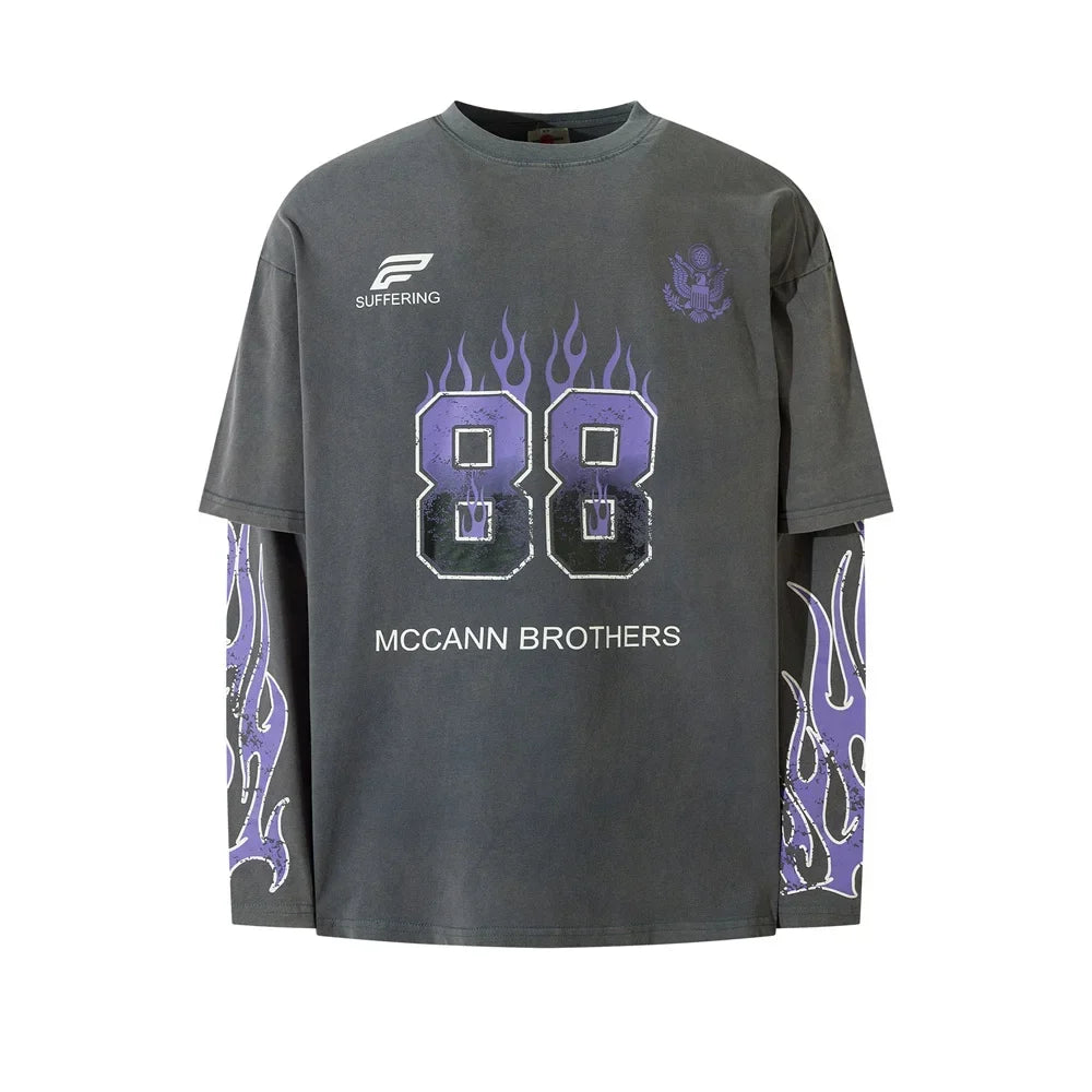 Mock Layered Flame Graphic Long Sleeve Top — vista posteriore
