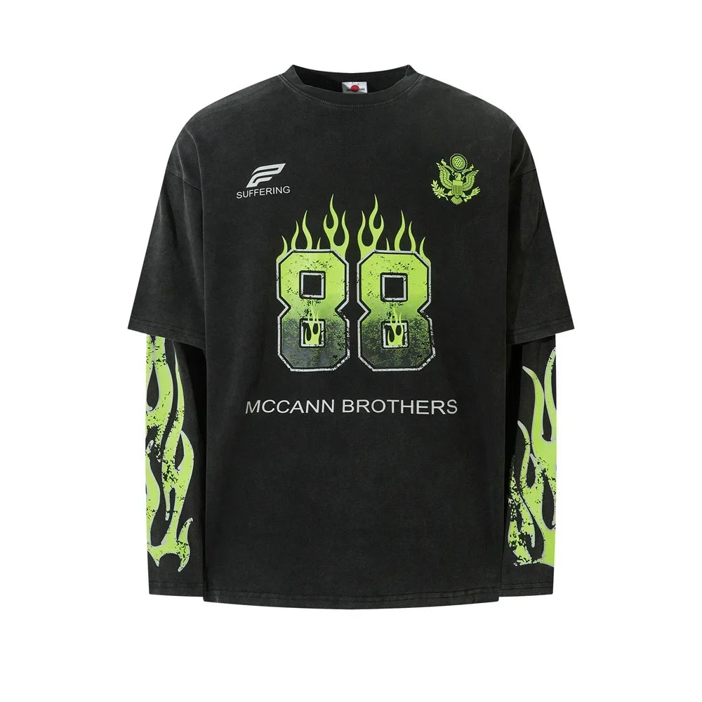 Mock Layered Flame Graphic Long Sleeve Top — vista frontale