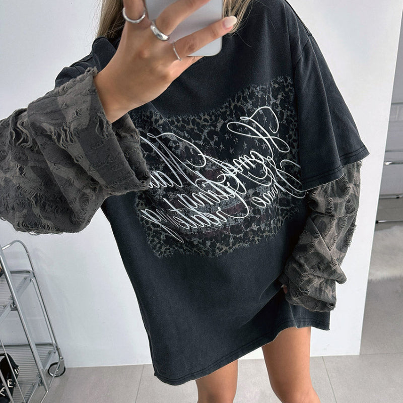 Mock Two Piece Distressed Long Sleeve T Shirt — dettaglio
